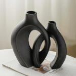 Snuggle Hollow Modern Ceramic Vase Set of 2, Mid Century Nordic Aesthetic Decorative Vase Decorative Vases for Home Table Decor (Matte Black W 6.3" X H 8.4") - Image 6