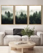 KUVIOKE Green Fog Pine Tree Framed Wall Art Nature Nordic Forests Artwork Morden Painting Home Decor 16x24in (Natural Framed) - Image 6