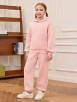 Haloumoning Girls 2 Piece Outfits Kids Oversized Fleece Hoodie Sweatshirt and Sweatpants Fashion Clothing Sets - Image 4