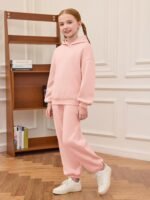 Haloumoning Girls 2 Piece Outfits Kids Oversized Fleece Hoodie Sweatshirt and Sweatpants Fashion Clothing Sets - Image 5