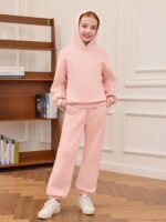Haloumoning Girls 2 Piece Outfits Kids Oversized Fleece Hoodie Sweatshirt and Sweatpants Fashion Clothing Sets - Image 6
