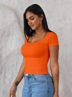 Dwnval Womens Summer Sexy Square Neck Tops Double Lined Short Sleeve Shirts Slim Fit Crop Top - Image 4