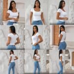 Dwnval Womens Summer Sexy Square Neck Tops Double Lined Short Sleeve Shirts Slim Fit Crop Top - Image 5