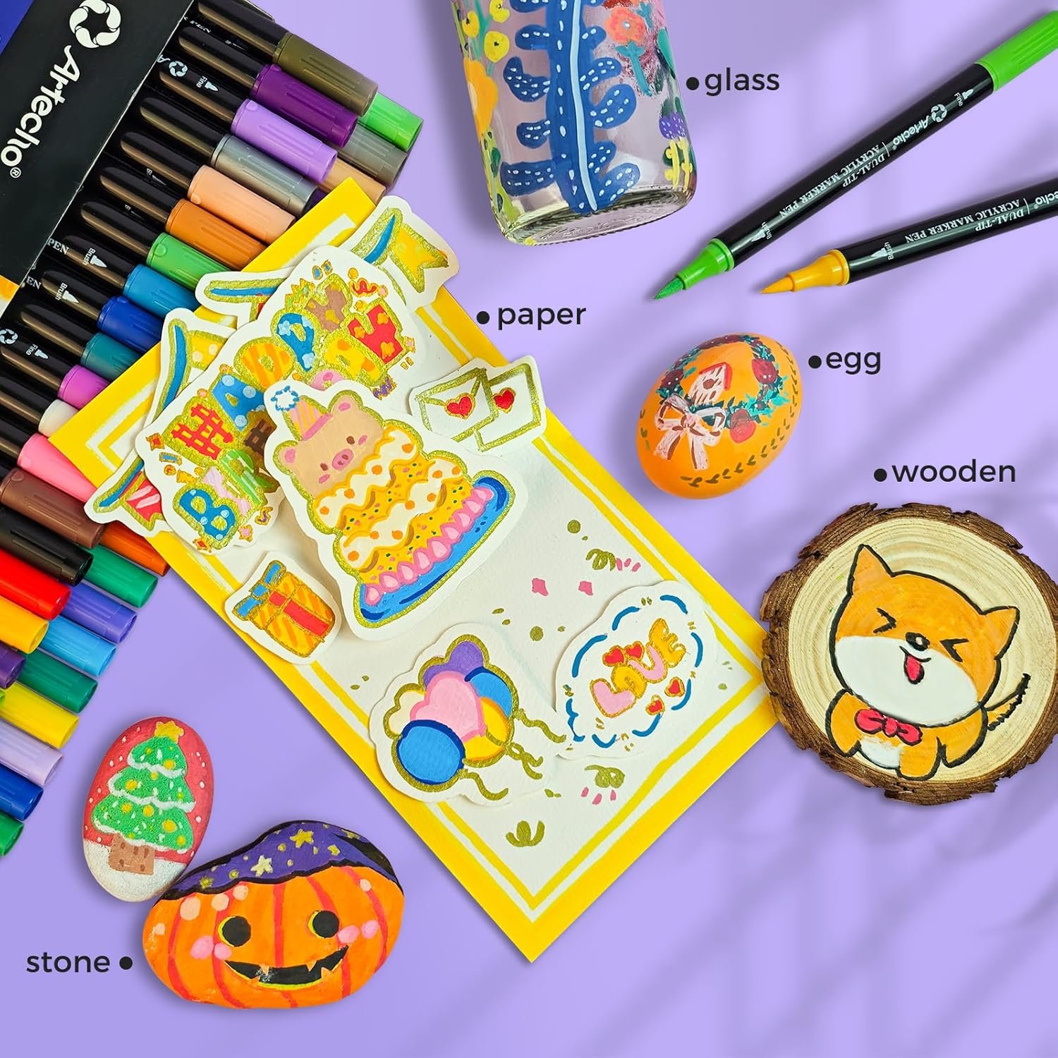 Artecho Acrylic Paint Markers 48 Colors, Acrylic Paint Pens with Brush Tip and Fine Tip for Stone, Rock Painting, Paper, Pumpkin, Wood, Egg, Canvas, Ceramic, Fabric, leather, Glass, DIY Crafts - Image 8