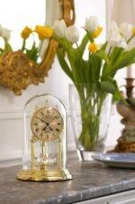 Bulova Tristan I Desk and Table Clock | Model B8818 | Polished Brass Finish | Polished Metal Base | Floating Dial | Roman Numerals | Elegant Pendulum Design - Image 3