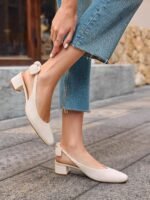 Coutgo Womens Chunky Low Heels Bow Slingback Pumps Closed Square Toe Wedding Party Dress Shoes - Image 3