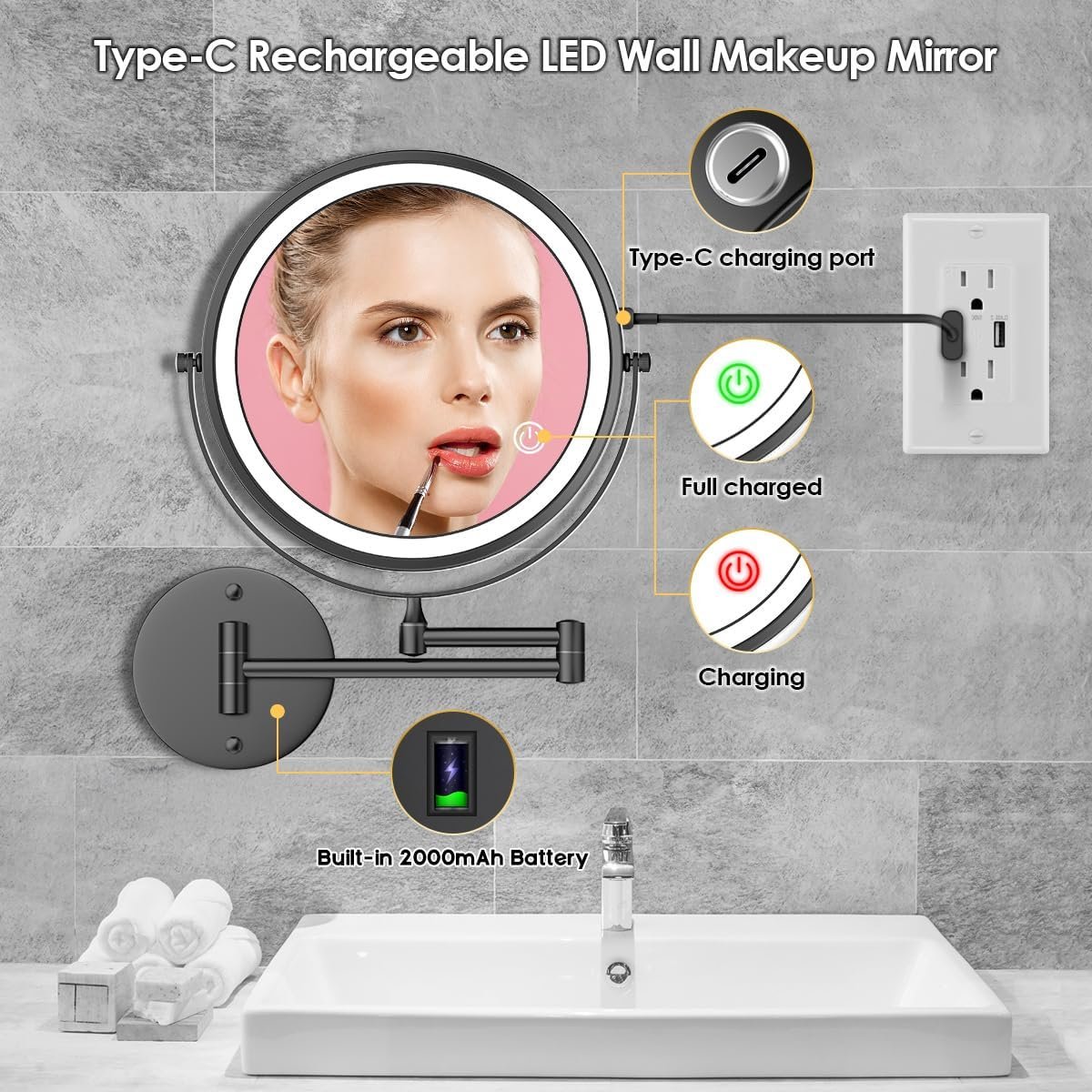 Rocollos 9" Wall Mounted Lighted Makeup Mirror, Large Double Sided 1X/10X Magnifying Mirror, 3 Color LED Vanity Mirror, Touch Dimmable 360° Swivel Light Up for Bathroom - Image 3