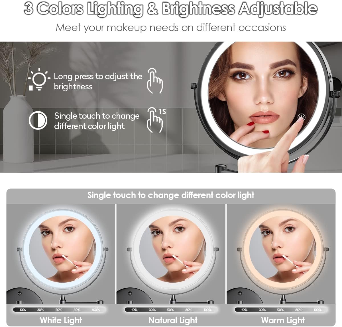 Rocollos 9" Wall Mounted Lighted Makeup Mirror, Large Double Sided 1X/10X Magnifying Mirror, 3 Color LED Vanity Mirror, Touch Dimmable 360° Swivel Light Up for Bathroom - Image 4