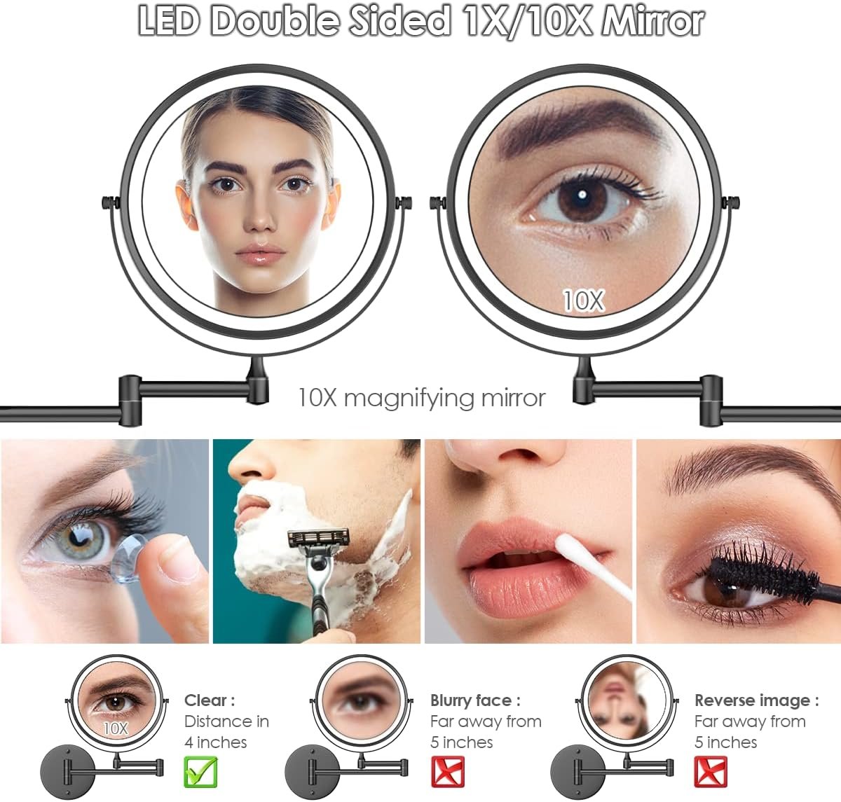 Rocollos 9" Wall Mounted Lighted Makeup Mirror, Large Double Sided 1X/10X Magnifying Mirror, 3 Color LED Vanity Mirror, Touch Dimmable 360° Swivel Light Up for Bathroom - Image 5