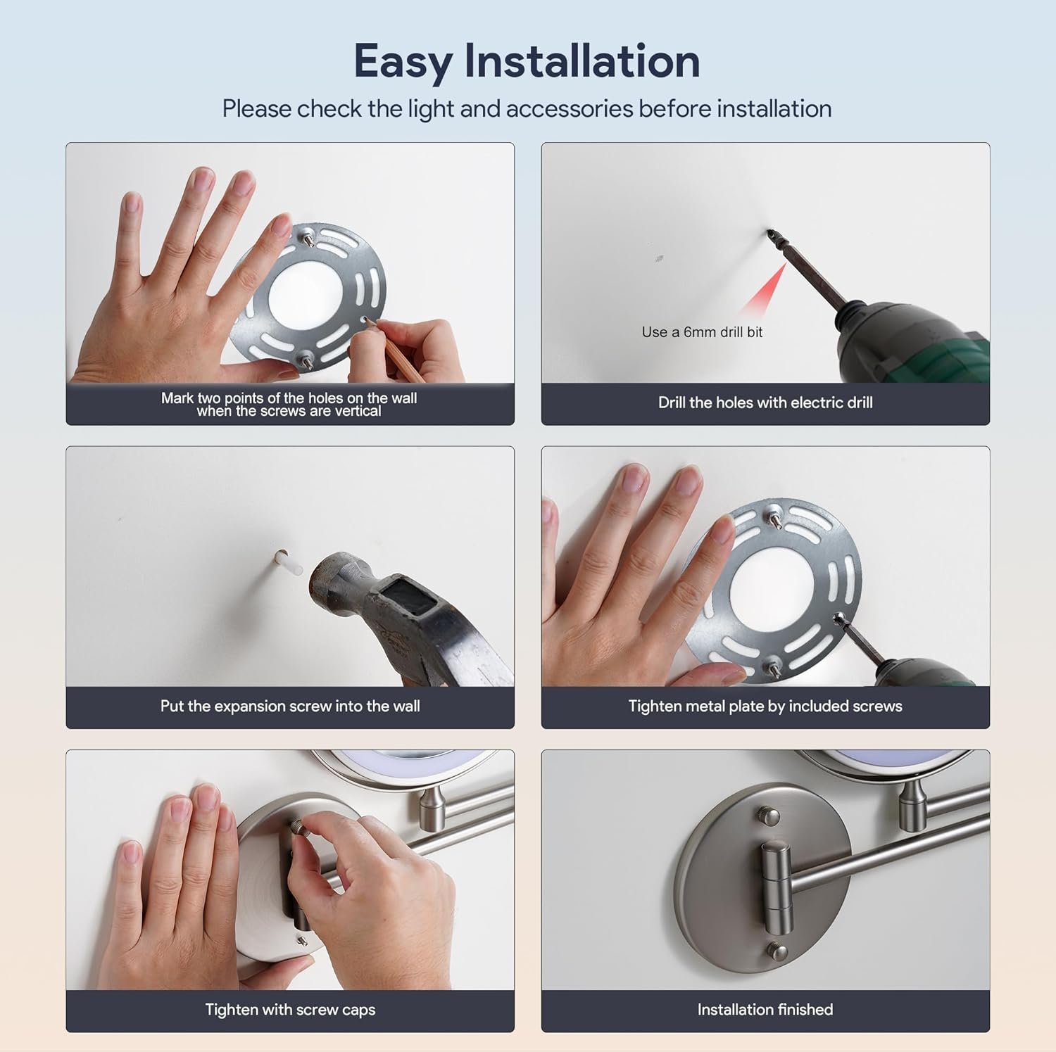 Rocollos 9" Wall Mounted Lighted Makeup Mirror, Large Double Sided 1X/10X Magnifying Mirror, 3 Color LED Vanity Mirror, Touch Dimmable 360° Swivel Light Up for Bathroom - Image 7