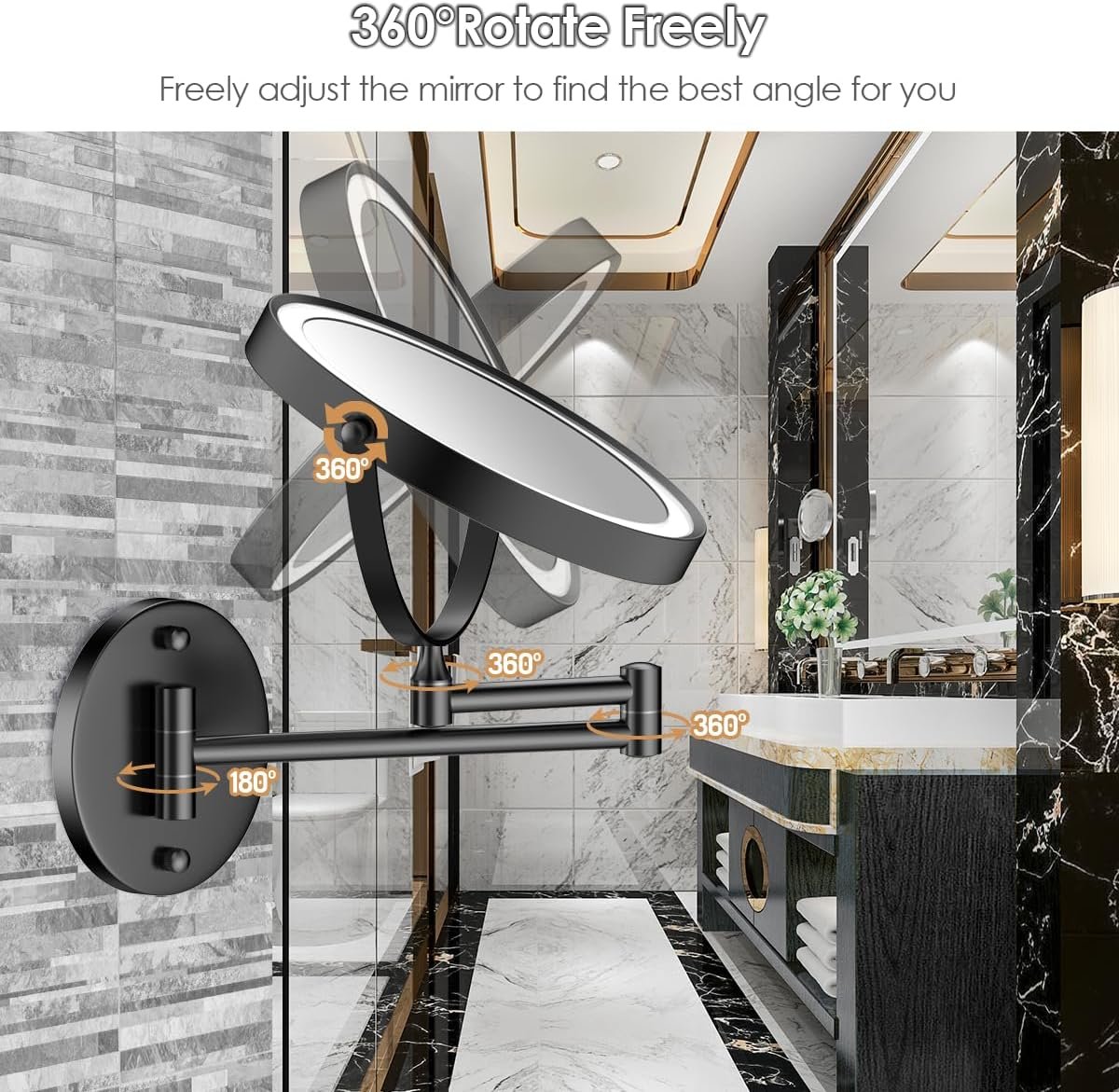 Rocollos 9" Wall Mounted Lighted Makeup Mirror, Large Double Sided 1X/10X Magnifying Mirror, 3 Color LED Vanity Mirror, Touch Dimmable 360° Swivel Light Up for Bathroom - Image 9