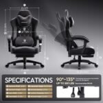 Dowinx Gaming Chair with Heated Massage Lumbar Support,Big and Tall Fabric Gaming Chairs for Adults with Footrest, Ergonomic Computer Game Chair with Poket Spring Cushions, 350lbs, Black - Image 4