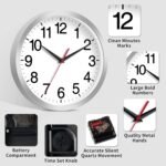 Wall Clock Modern 10 Inch Battery Operated Silent Non Ticking Analog Clock Decorative for Bedroom Kitchen Bathroom Office Home Living Room (Silver) - Image 6