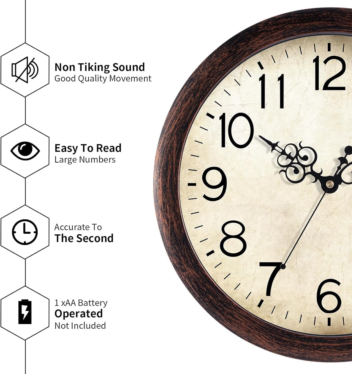 Wall Clock 12 Inch Vintage Wall Clocks Battery Operated Quartz Silent Non-Ticking Retro Rustic Style Clock Decorative for Living Room, Home Office, Kitchen,Bedroom (Bronze) - Image 9