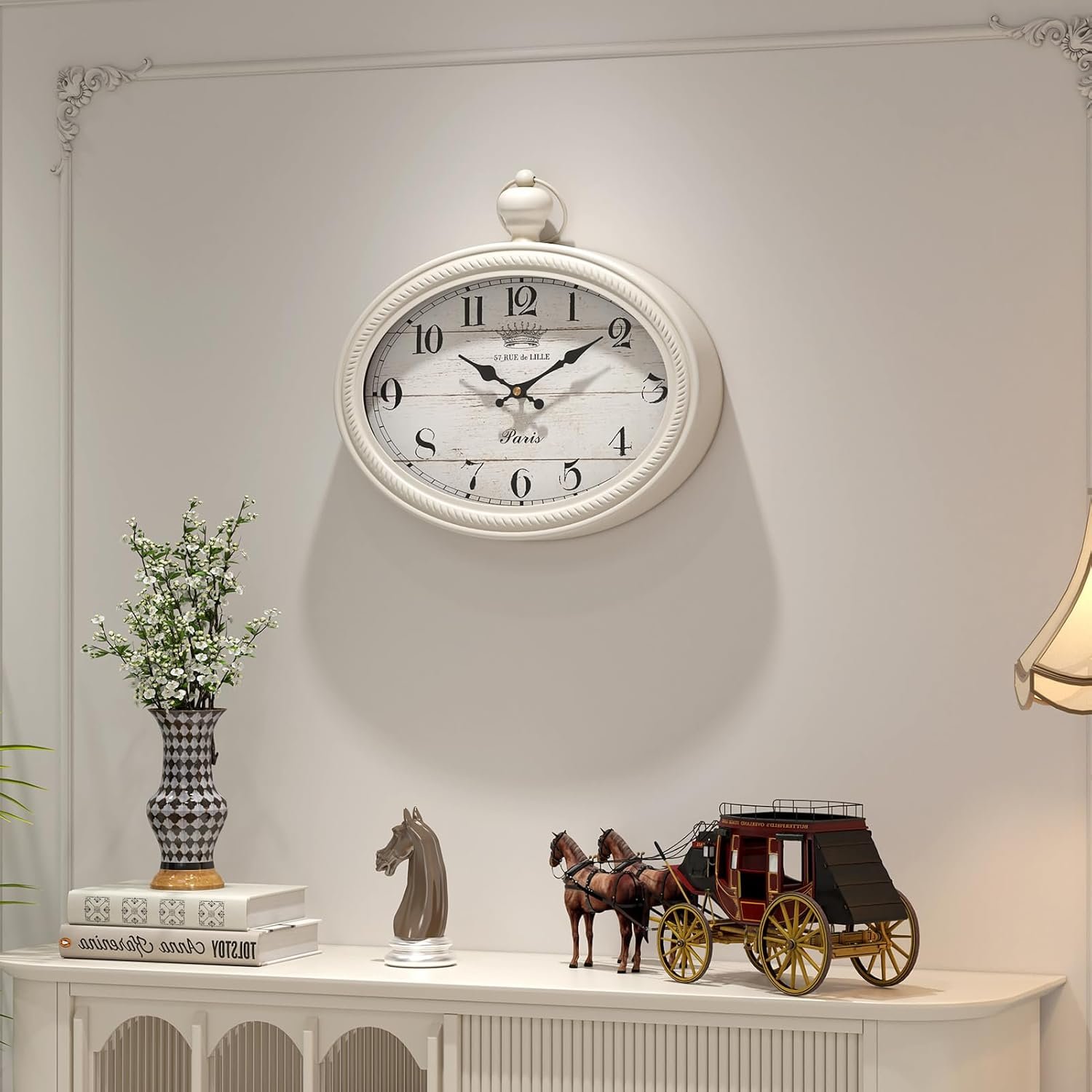 Retro Oval Wall Clock. White Vintage Antique Style. Battery Operated Decor Wall Clocks for Farmhouse, Living Room,Kitchen,Bedroom,Bathroom (10.5" H x 11.3" W) - Image 4