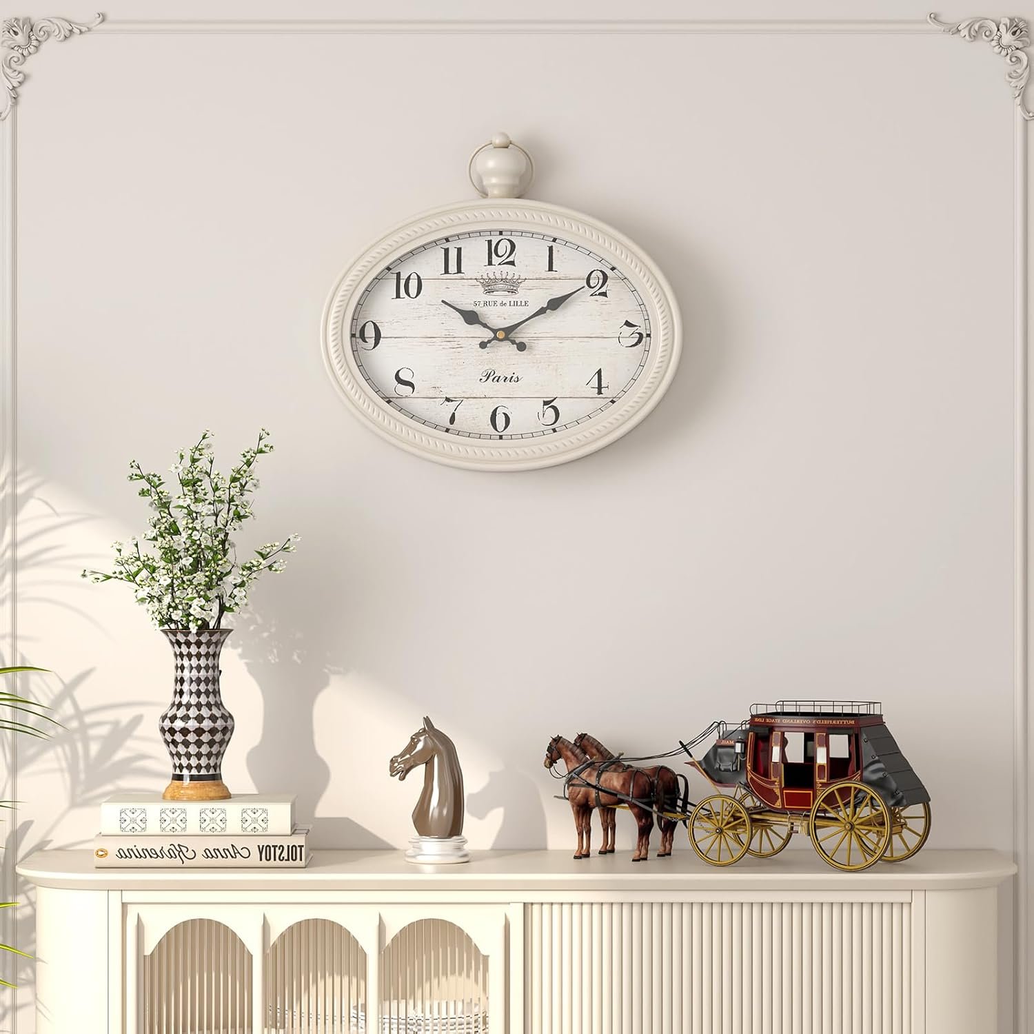 Retro Oval Wall Clock. White Vintage Antique Style. Battery Operated Decor Wall Clocks for Farmhouse, Living Room,Kitchen,Bedroom,Bathroom (10.5" H x 11.3" W) - Image 5