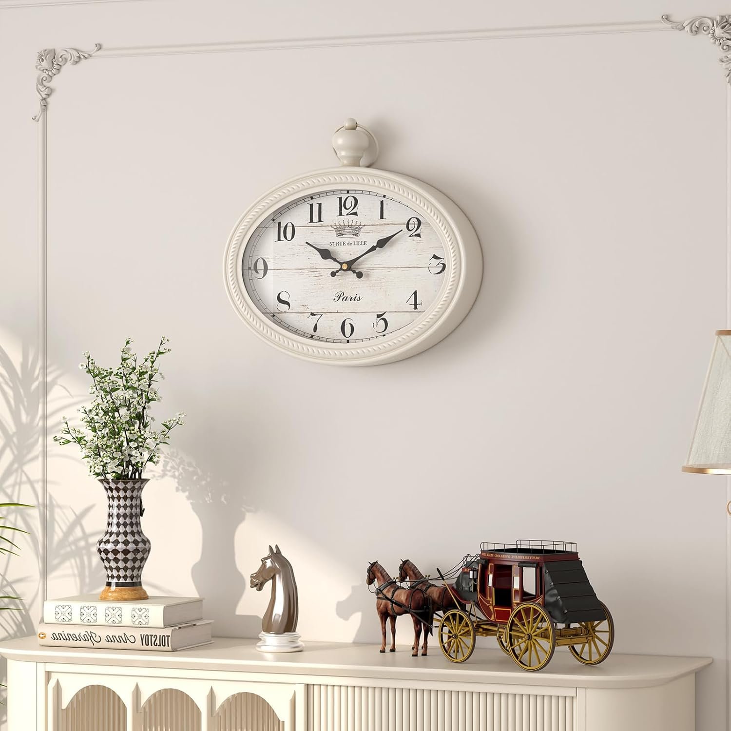Retro Oval Wall Clock. White Vintage Antique Style. Battery Operated Decor Wall Clocks for Farmhouse, Living Room,Kitchen,Bedroom,Bathroom (10.5" H x 11.3" W) - Image 6