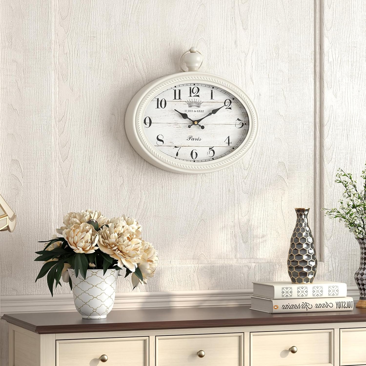 Retro Oval Wall Clock. White Vintage Antique Style. Battery Operated Decor Wall Clocks for Farmhouse, Living Room,Kitchen,Bedroom,Bathroom (10.5" H x 11.3" W) - Image 8
