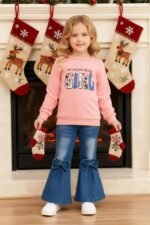 Toddler Girl Clothes Long Sleeve Cartoon & Letter Graphic Top + Fruit Stationery Print Flared Leg Pants - Image 4