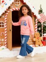 Toddler Girl Clothes Long Sleeve Cartoon & Letter Graphic Top + Fruit Stationery Print Flared Leg Pants - Image 6