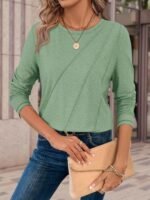 ATHMILE Womens Long Sleeve Shirts Pleated Crew Neck Casual Fall Fashion Tops Loose Fit Lightweight Girls Outfits Clothes - Image 3