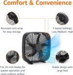 Amazon Basics 3 Speed Box Fan, Indoor Electric Fan for Home Cooling, 5 Blades, Lightweight Design, 67 Watts, 20-Inch, Black, 6.8"D x 20.86"W x 21.33"H - Image 3