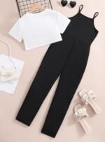 Hilinker Girl's 2 Piece Outfits Graphic Short Sleeve Crop Top and Cami Jumpsuit Set - Image 3
