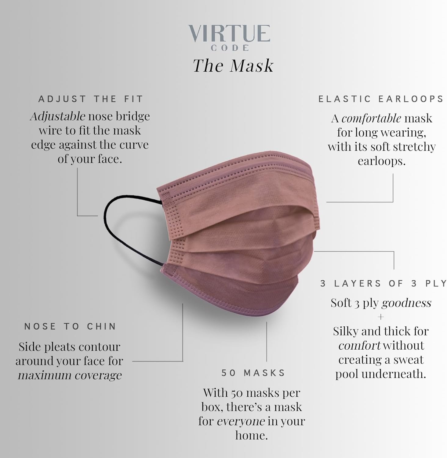 VIRTUE CODE Support Face Masks - Soft 3 Ply Comfort Face Masks, Colorful Disposable Face Mask 50 Pack. Earth Tones Colored Masks. Adults Mens and Womens Disposable Face Masks - Image 3