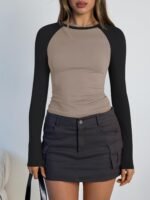 Trendy Queen Women's Long Sleeve Shirts Slim Fit Stretchy Color Block Slightly Cropped Tops - Image 3
