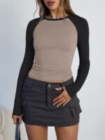 Trendy Queen Women's Long Sleeve Shirts Slim Fit Stretchy Color Block Slightly Cropped Tops - Image 4