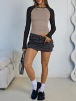 Trendy Queen Women's Long Sleeve Shirts Slim Fit Stretchy Color Block Slightly Cropped Tops - Image 7