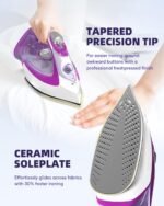 Steam Iron for Clothes, 1750W Iron with Rapid Heating, Non-Stick Ceramic Soleplate, Powerful Steam, Self-Cleaning, Auto-Off, Anti-Drip, 15.21oz Water Tank Ironing Clothes for Home, Purple - Image 5