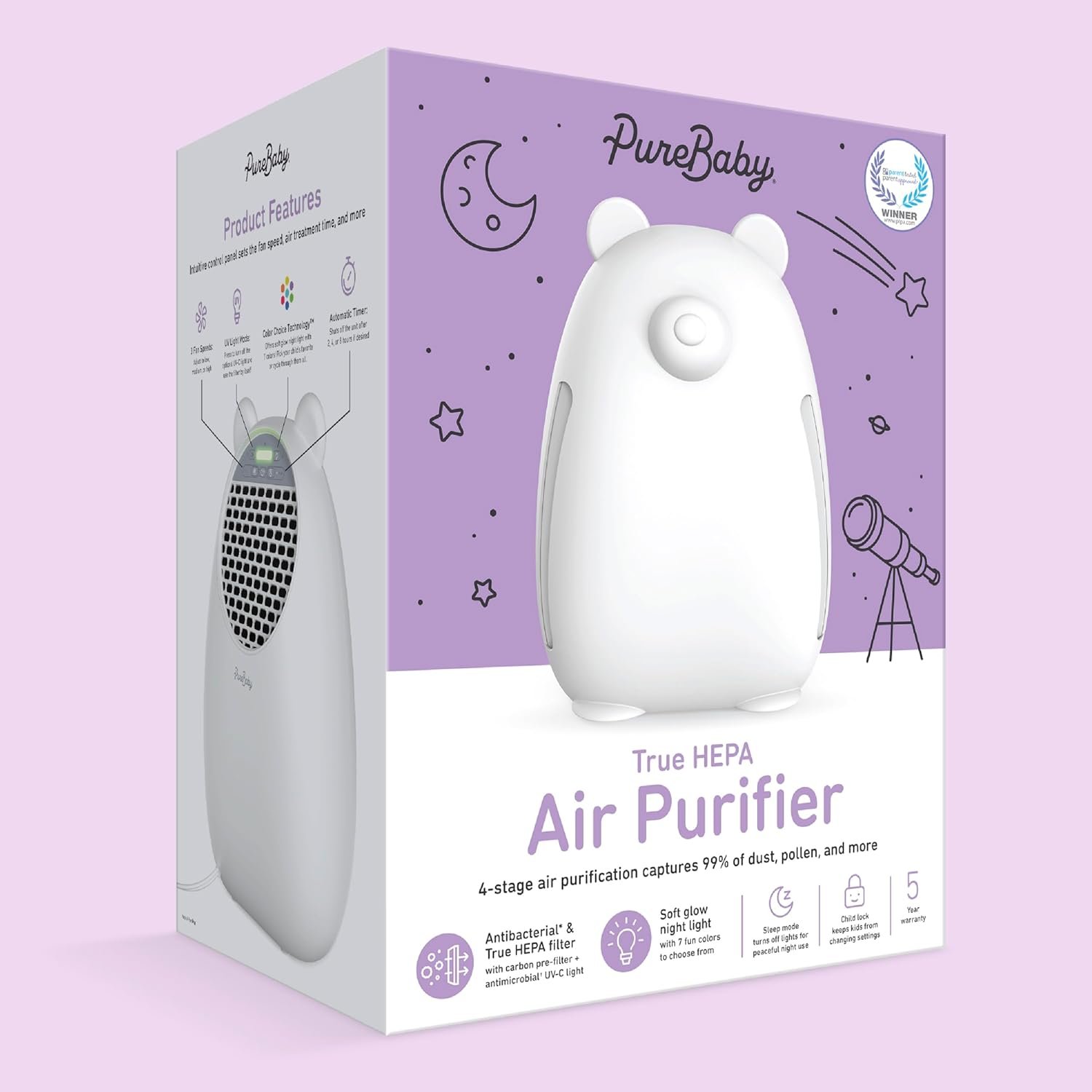Pure Enrichment PureBaby Kids Bear Air True HEPA Air Purifier - 4 Stage Air Filtration, UV-C Light, and Night Light for Medium-Large Rooms - Baby Nurseries, Kid Bedrooms (White) - Image 9