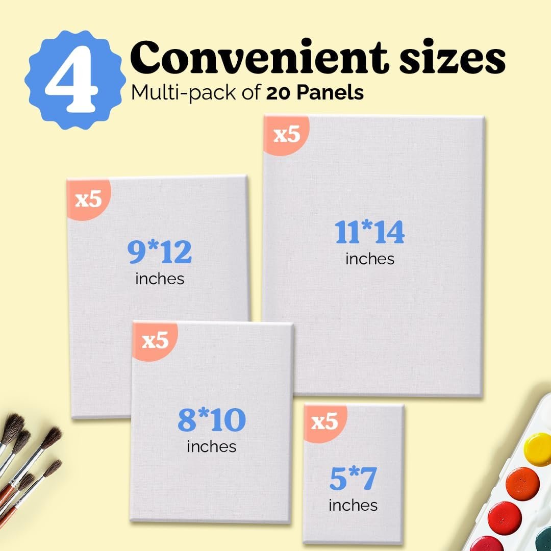 Chalkola Canvas for Painting - (20 Bulk Pack, 5x7, 8x10, 9x12, 11x14 inch) | 100% Cotton Panels, Primed Blank Canvases for Painting for Kids & Adults - Paint Canvas Boards for Acrylic, Oil, Watercolor - Image 3