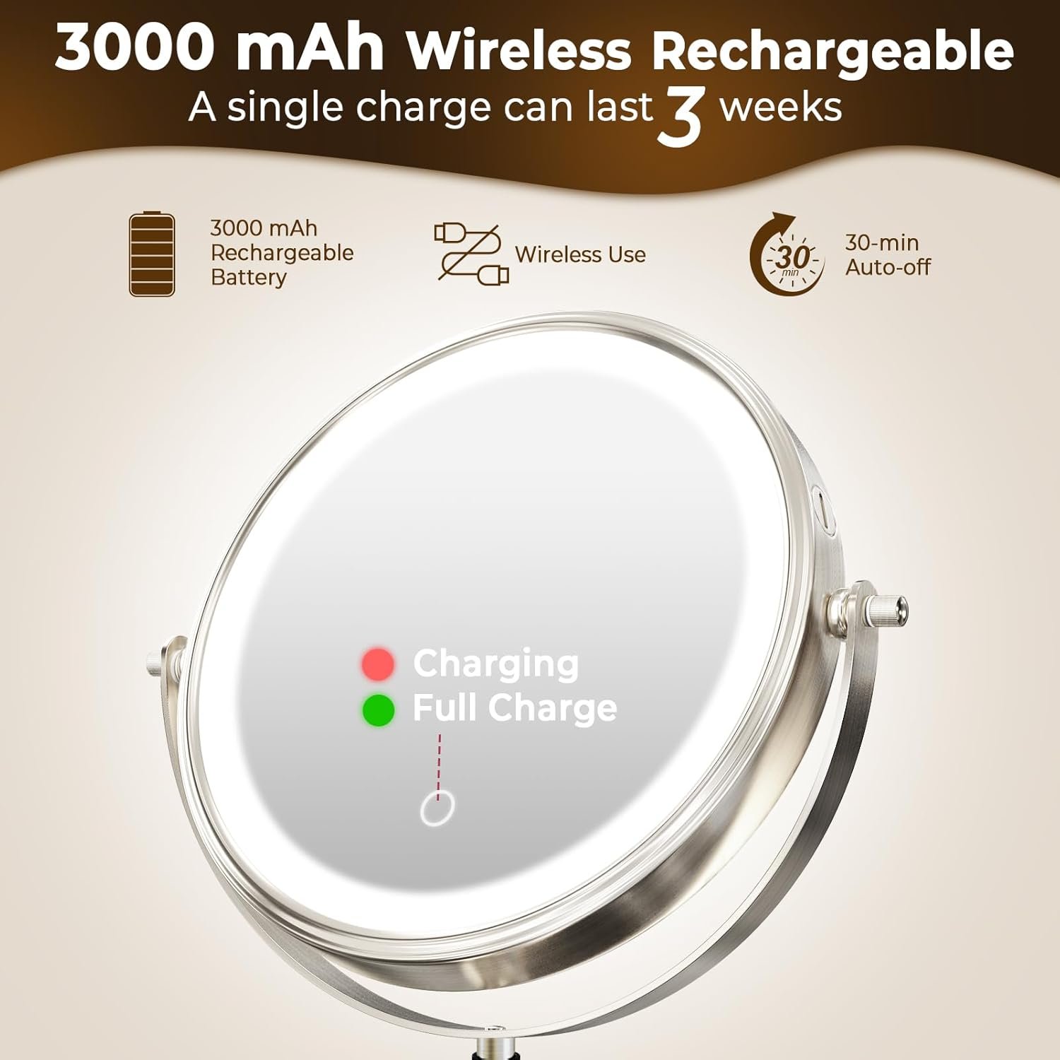 8" Wall Mounted Lighted Makeup Mirror, 3000mAh Rechargeable Double Sided 1X/10X Magnifying Mirror with Hook, 3 Color Lights Touch Dimmable 360° Rotation Vanity Mirror for Bathroom - Image 3