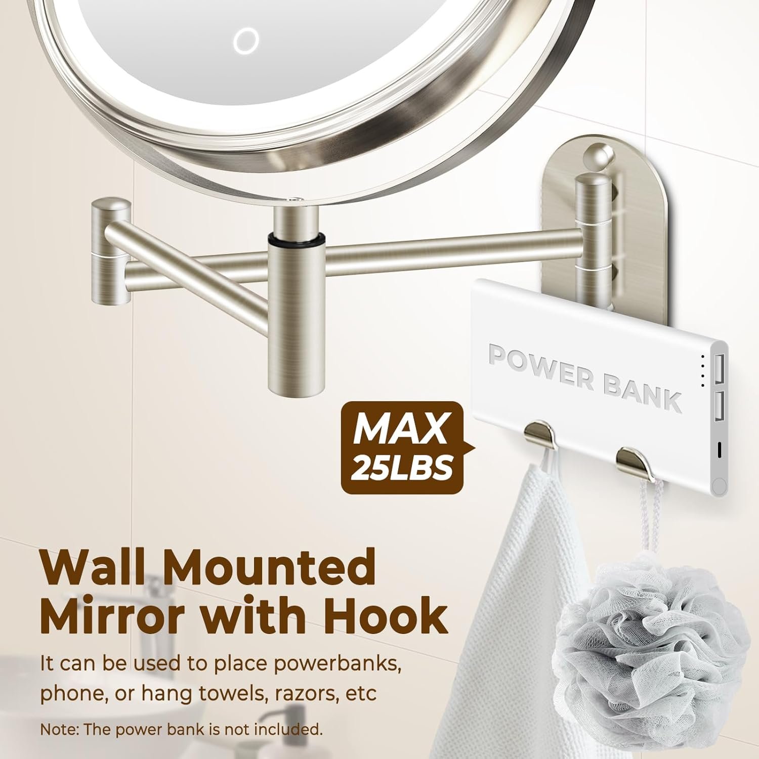 8" Wall Mounted Lighted Makeup Mirror, 3000mAh Rechargeable Double Sided 1X/10X Magnifying Mirror with Hook, 3 Color Lights Touch Dimmable 360° Rotation Vanity Mirror for Bathroom - Image 4