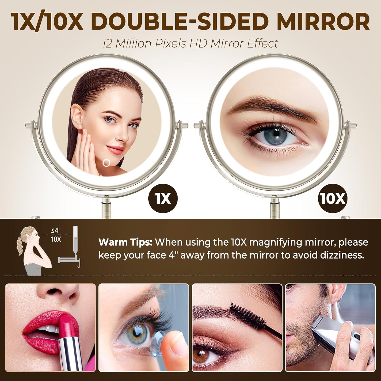 8" Wall Mounted Lighted Makeup Mirror, 3000mAh Rechargeable Double Sided 1X/10X Magnifying Mirror with Hook, 3 Color Lights Touch Dimmable 360° Rotation Vanity Mirror for Bathroom - Image 7