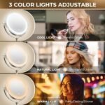 8" Wall Mounted Lighted Makeup Mirror, 3000mAh Rechargeable Double Sided 1X/10X Magnifying Mirror with Hook, 3 Color Lights Touch Dimmable 360° Rotation Vanity Mirror for Bathroom - Image 8