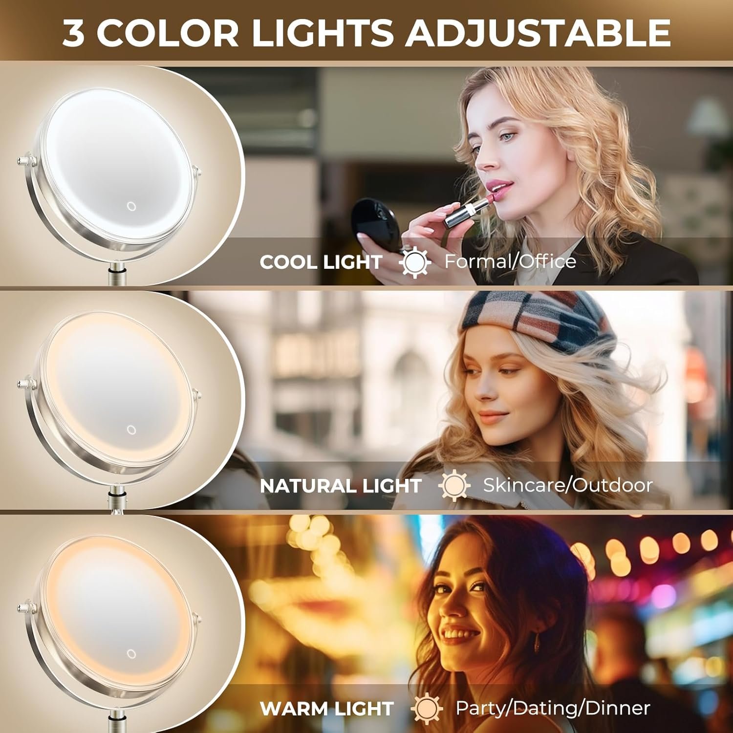 8" Wall Mounted Lighted Makeup Mirror, 3000mAh Rechargeable Double Sided 1X/10X Magnifying Mirror with Hook, 3 Color Lights Touch Dimmable 360° Rotation Vanity Mirror for Bathroom - Image 8