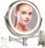 8" Wall Mounted Lighted Makeup Mirror, 3000mAh Rechargeable Double Sided 1X/10X Magnifying Mirror with Hook, 3 Color Lights Touch Dimmable 360° Rotation Vanity Mirror for Bathroom - Image 2