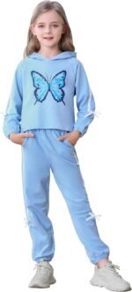 AMCLOS Girl Outfit Sets 5-14 Years Kids Clothes Cute Butterfly Long Sleeve Pullover Hooded Crop Tops+Sweatpant Set Fall - Image 2