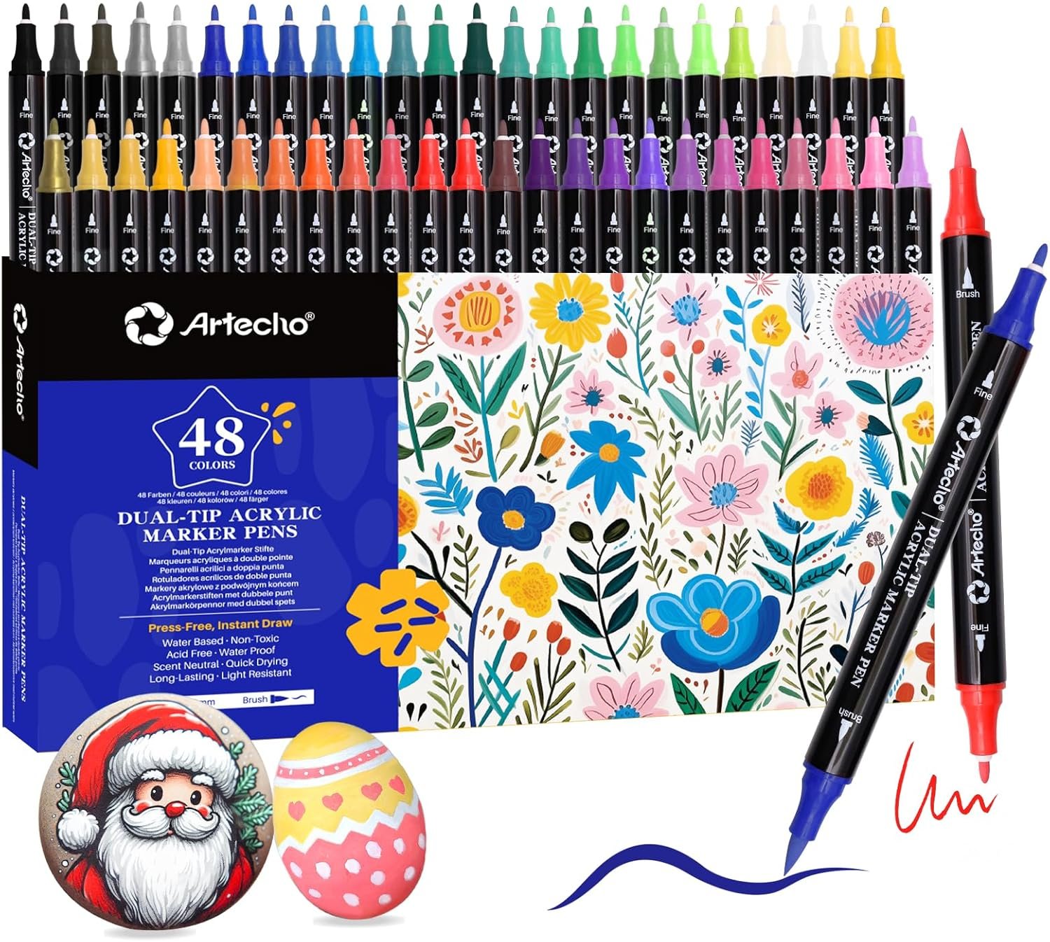 Artecho Acrylic Paint Markers 48 Colors, Acrylic Paint Pens with Brush Tip and Fine Tip for Stone, Rock Painting, Paper, Pumpkin, Wood, Egg, Canvas, Ceramic, Fabric, leather, Glass, DIY Crafts - Image 2