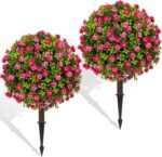 Artificial Plants Outdoor - 18" Wide Set of 2 Faux Boxwood Plants for Outdoor Planters, UV Resistant Artificial Topairy Ball Trees with Spike for Front Porch Decor - Image 2