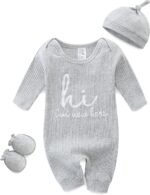 Baby Romper with Baby Mittens & Newborn Hats Footless Long Sleeve Solid Onesie Hi Im New Here - Image 2