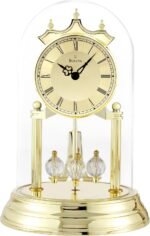 Bulova Tristan I Desk and Table Clock | Model B8818 | Polished Brass Finish | Polished Metal Base | Floating Dial | Roman Numerals | Elegant Pendulum Design - Image 2