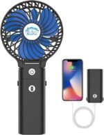 HandFan 5200mAh Portable Handheld Fan Rechargeable with Power Bank-3 Speeds Foldable Personal Cooling, 2-IN-1 Hand Held Fan Battery Operated, 20H Runtime for Travel/Summer/Concerts/Women (Black&Blue) - Image 2
