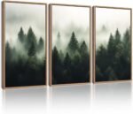 KUVIOKE Green Fog Pine Tree Framed Wall Art Nature Nordic Forests Artwork Morden Painting Home Decor 16x24in (Natural Framed) - Image 2