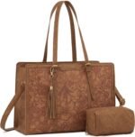 LOVEVOOK Laptop Bag for Women Vintage Leather Work Tote 15.6 inch Large Capacity Computer bag with Clutch Purse for Office, Travel, Casual - Image 2