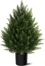 Outdoor Artificial Cedar Topiary Tree, Faux Evergreen Shrubs for Front Porch Decor, Lifelike Fake Bushes Plants for Home Living Room Front Door Decor (1, 2ft) - Image 2