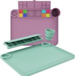 Silicone Painting Mat with Cup and Palette Detachable, 17"X13" Thick Silicone Craft Mat with Raised Edge for Artist, Kids Painting Station Silicone Creator Mat, Pack of 2, Purple & Green - Image 2